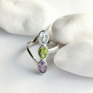 Modernist Sterling Silver Peridot Amethyst Topaz Gemstone Ring